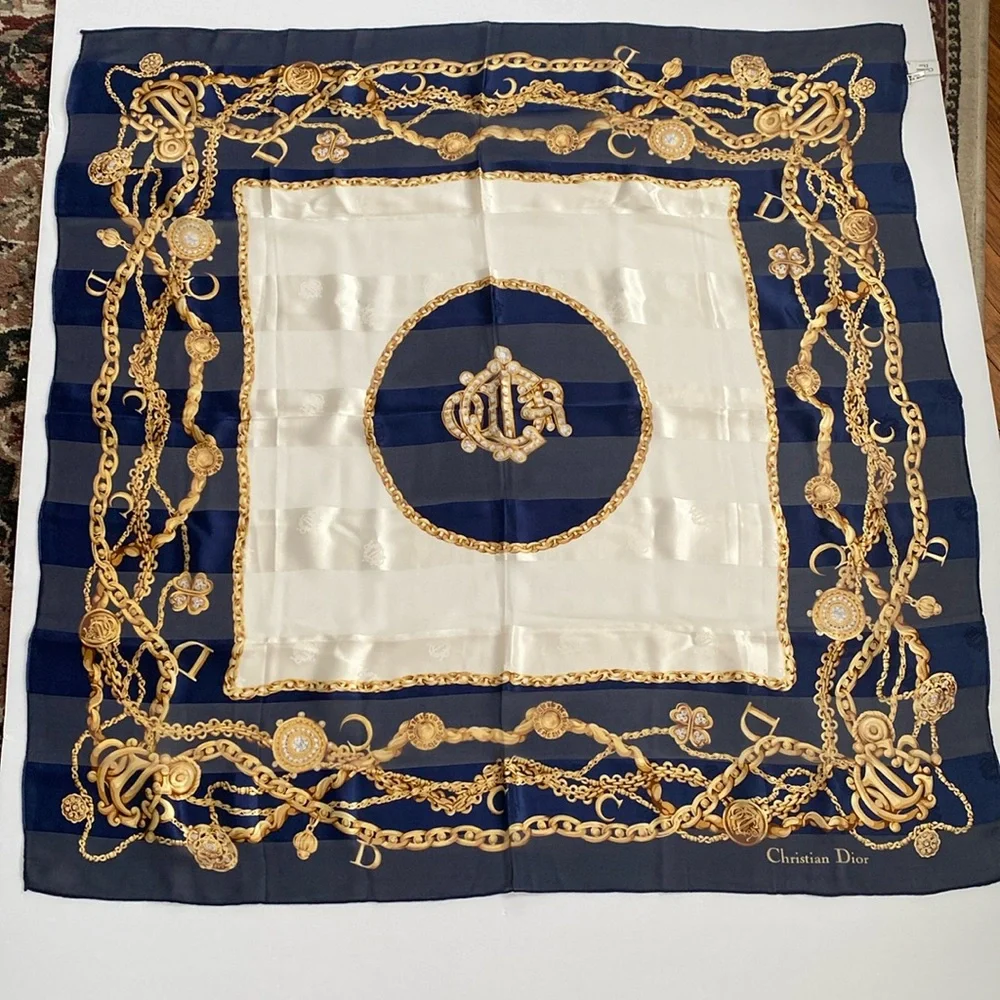 Christian Dior 100% silk scarf. Deep rich, navy blue gold cream color 34 x34